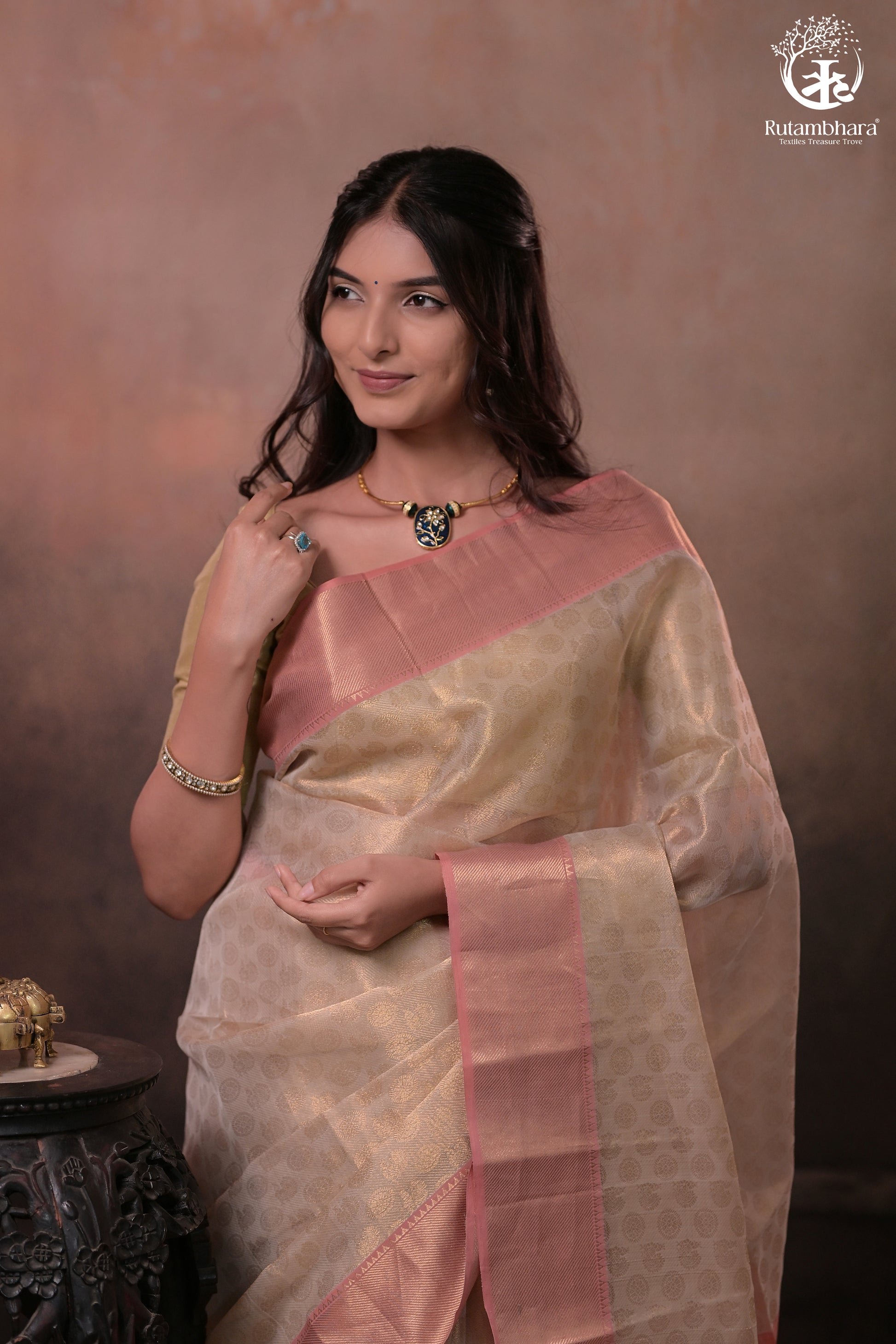 Swarvi - Handwoven Chanderi Jamawar Saree in Beige with Buta-RUTAMBHARA-RUTAMBHARA
