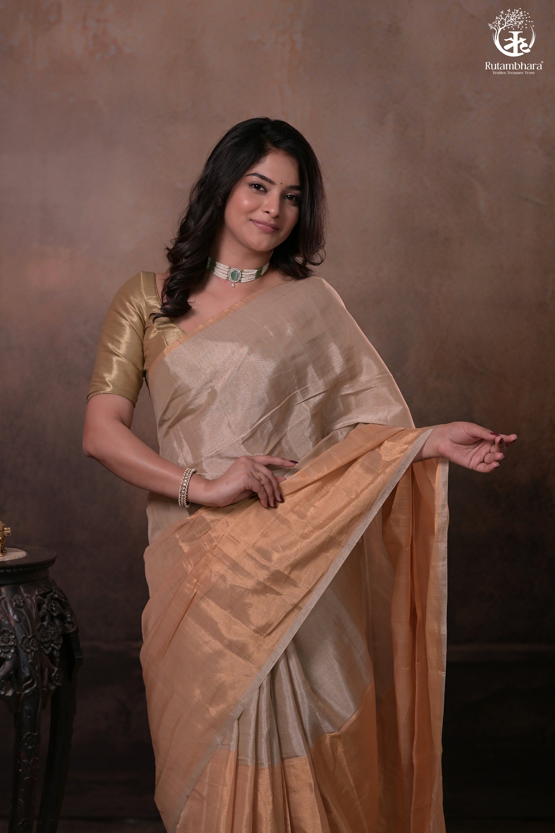 Swarvi - Handwoven Chanderi Zari Tissue Half-and-Half Saree in Gold & Silver-RUTAMBHARA -RUTAMBHARA