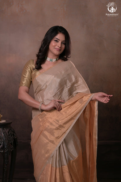 Swarvi - Handwoven Chanderi Zari Tissue Half-and-Half Saree in Gold & Silver-RUTAMBHARA -RUTAMBHARA