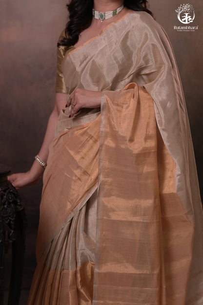 Swarvi - Handwoven Chanderi Zari Tissue Half-and-Half Saree in Gold & Silver-RUTAMBHARA -RUTAMBHARA