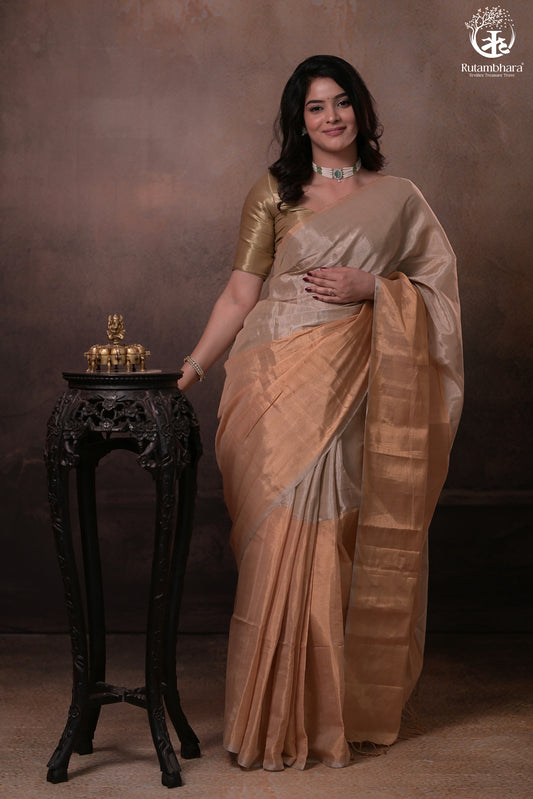 Swarvi - Handwoven Chanderi Zari Tissue Half-and-Half Saree in Gold & Silver