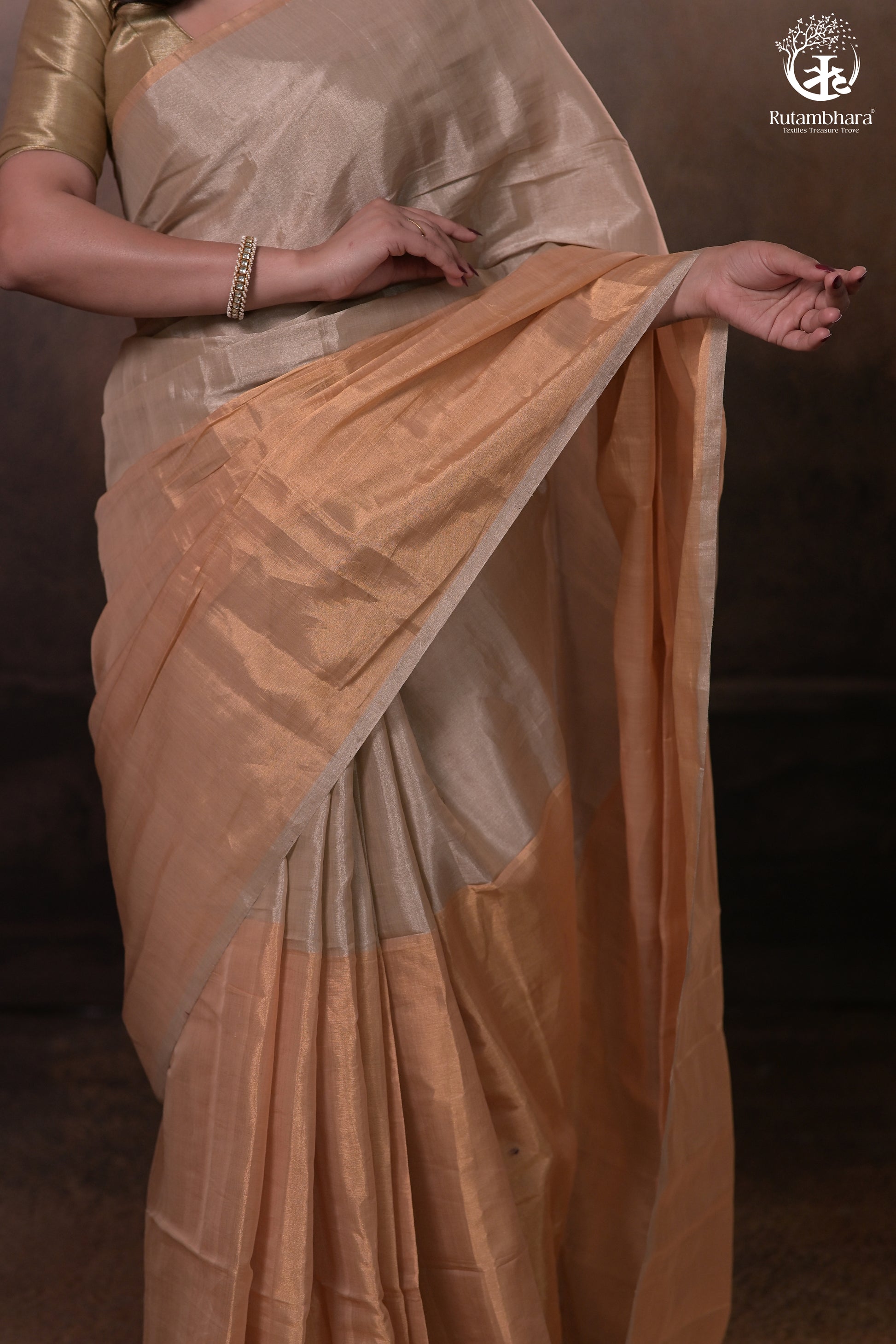 Swarvi - Handwoven Chanderi Zari Tissue Half-and-Half Saree in Gold & Silver-RUTAMBHARA -RUTAMBHARA