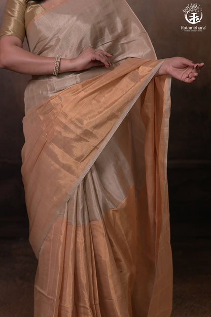 Swarvi - Handwoven Chanderi Zari Tissue Half-and-Half Saree in Gold & Silver-RUTAMBHARA -RUTAMBHARA