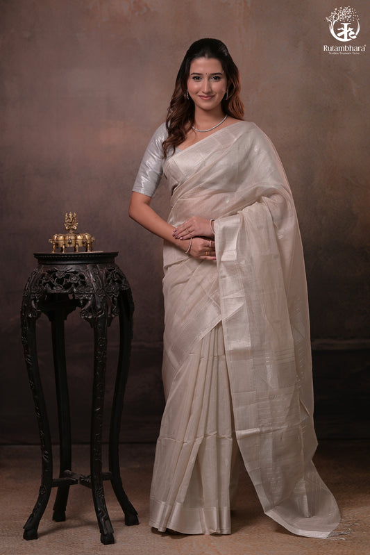 Narmaa - Pastel Beige And Silver Tissue Silk Cotton Saree With Extra Weft Silver Zari Butta