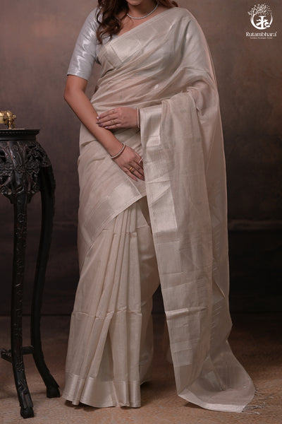 Narmaa - Pastel Beige And Silver Tissue Silk Cotton Saree With Extra Weft Silver Zari Butta-Rutambhara-RUTAMBHARA