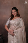 Narmaa - Pastel Beige And Silver Tissue Silk Cotton Saree With Extra Weft Silver Zari Butta