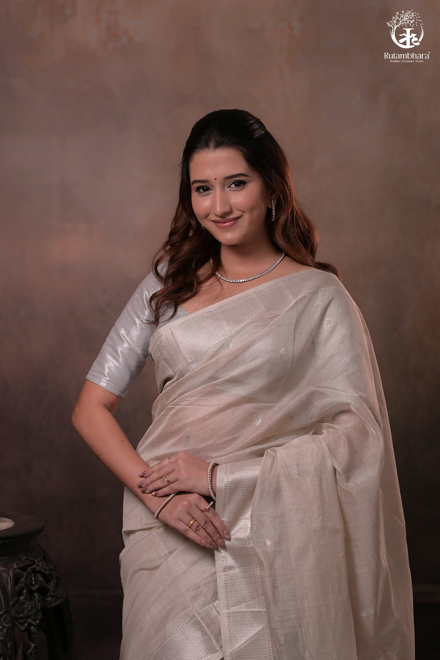 Narmaa - Pastel Beige And Silver Tissue Silk Cotton Saree With Extra Weft Silver Zari Butta