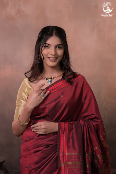 Nuktaa - Red Maroon Exquisite Handwoven Tangaliya Saree With Red Selvedge And Elaborate Pallu-Rutambhara-RUTAMBHARA
