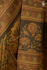 Ushraa - Yellow And Olive Handcrafted Ajrakh Saree In Pure Silk-Rutambhara-RUTAMBHARA