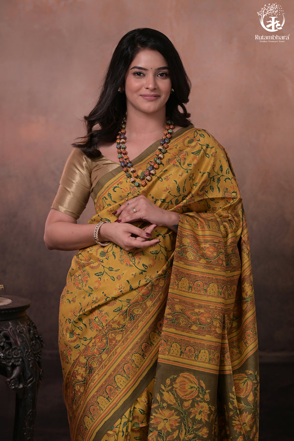 Ushraa - Yellow And Olive Handcrafted Ajrakh Saree In Pure Silk-Rutambhara-RUTAMBHARA