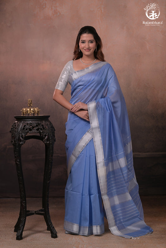 Narmaa - Powder Blue With Small Silver Chatai Border Silk Cotton Saree