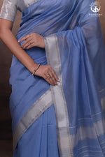 Narmaa - Powder Blue With Small Silver Chatai Border Silk Cotton Saree-Rutambhara-RUTAMBHARA