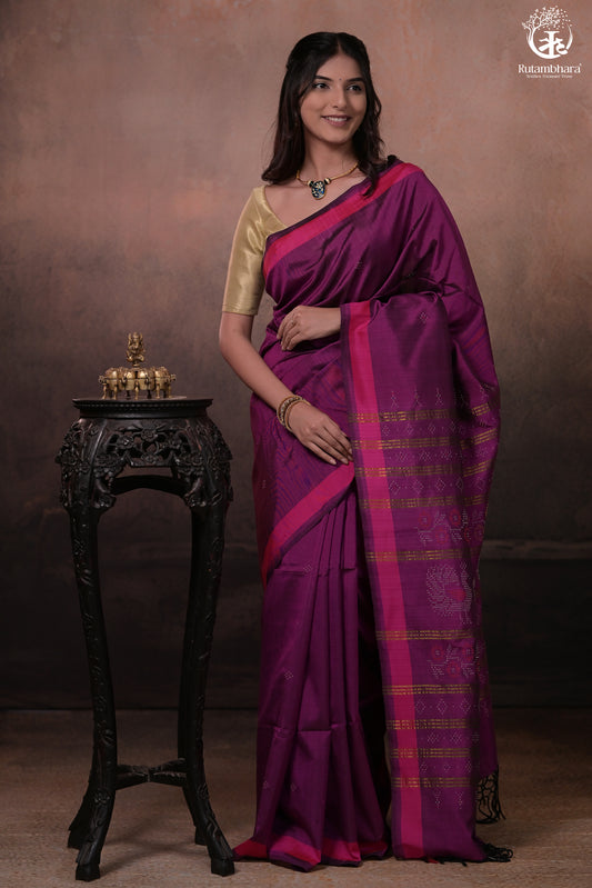 Nuktaa - Pink Magenta Exquisite Handwoven Tangaliya Saree With Pink Selvedge And Elaborate Pallu