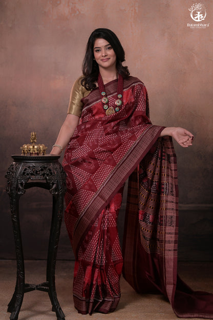 SAMBALPURI IKAT NATURAL DYES SAREE IN PURE SILK -4/3 PLY PURE MULBERRY SILK - MAROON N COFFEE BROWN-RUTAMBHARA-RUTAMBHARA