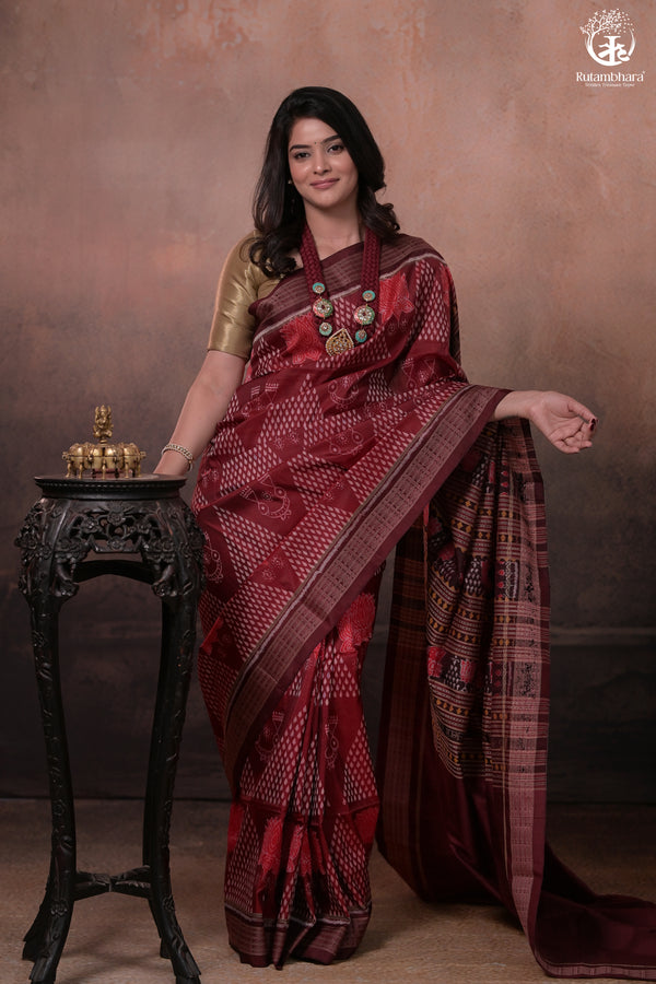 SAMBALPURI IKAT NATURAL DYES SAREE IN PURE SILK -4/3 PLY PURE MULBERRY SILK - MAROON N COFFEE BROWN-RUTAMBHARA-RUTAMBHARA