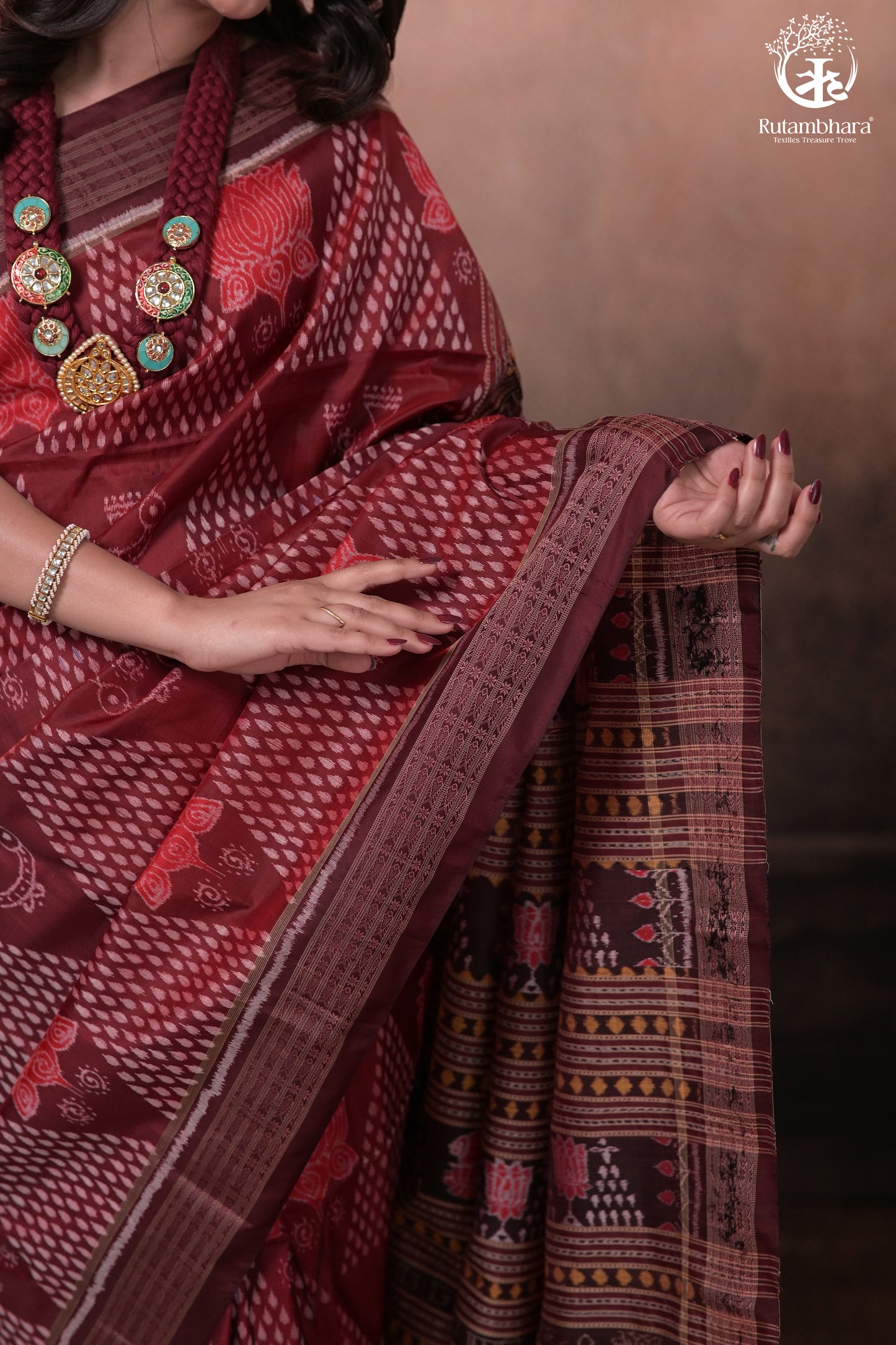 SAMBALPURI IKAT NATURAL DYES SAREE IN PURE SILK -4/3 PLY PURE MULBERRY SILK - MAROON N COFFEE BROWN