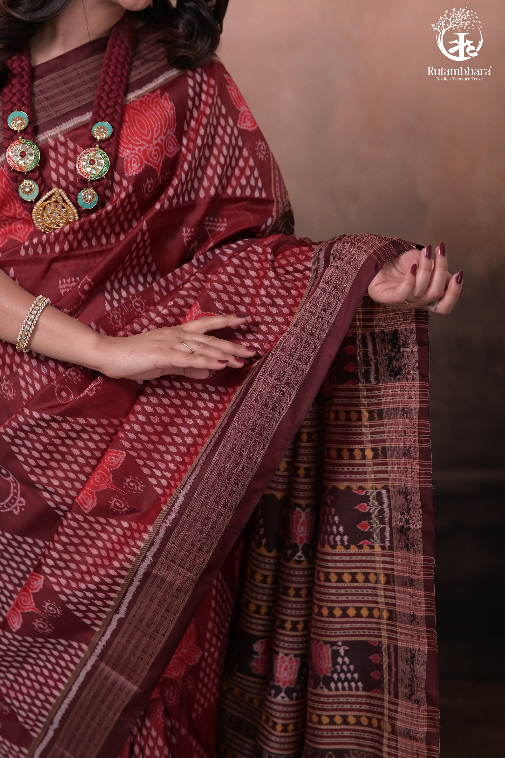 SAMBALPURI IKAT NATURAL DYES SAREE IN PURE SILK -4/3 PLY PURE MULBERRY SILK - MAROON N COFFEE BROWN-RUTAMBHARA-RUTAMBHARA