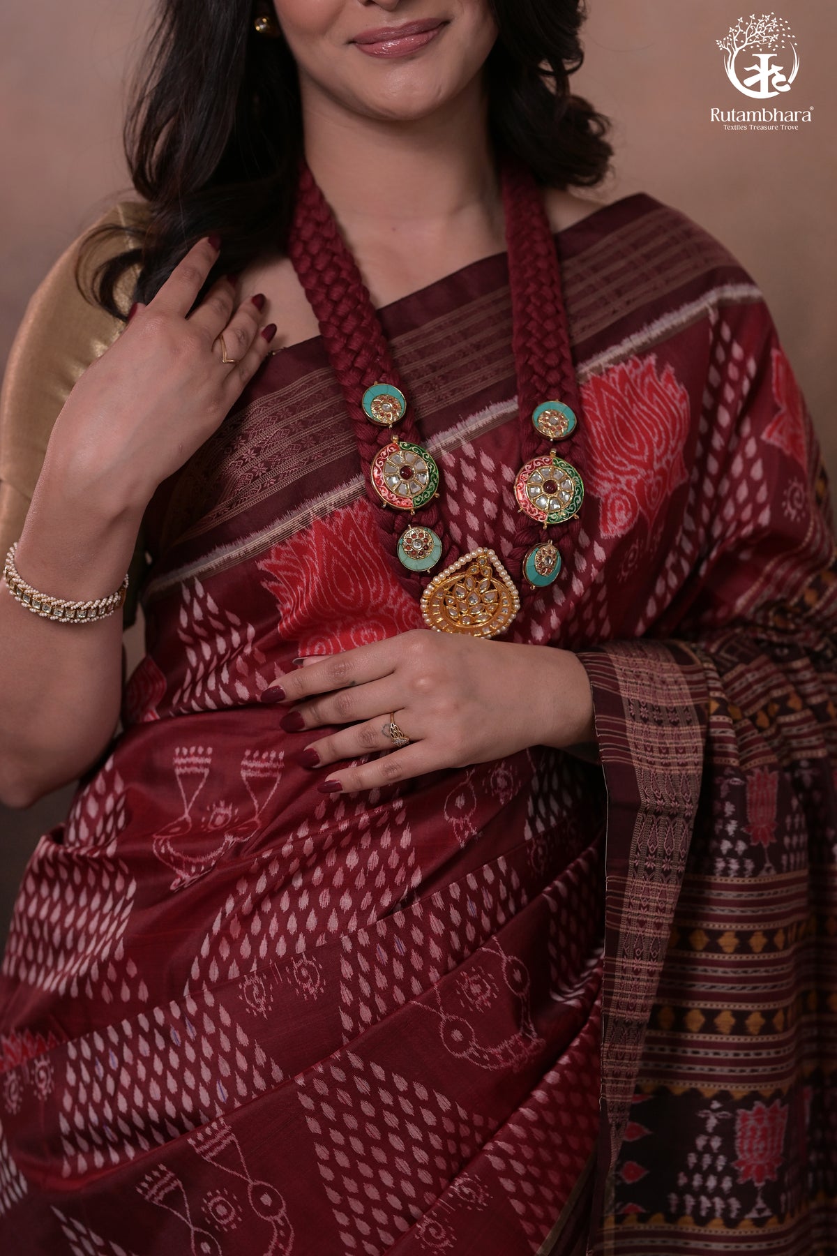 SAMBALPURI IKAT NATURAL DYES SAREE IN PURE SILK -4/3 PLY PURE MULBERRY SILK - MAROON N COFFEE BROWN