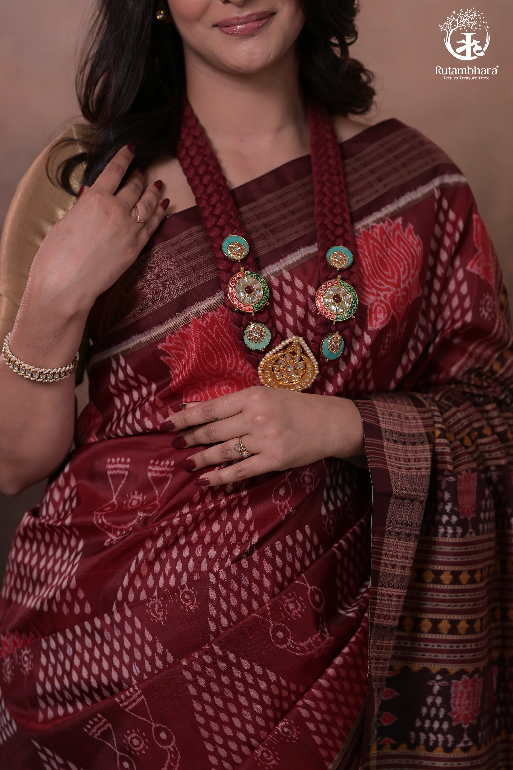 SAMBALPURI IKAT NATURAL DYES SAREE IN PURE SILK -4/3 PLY PURE MULBERRY SILK - MAROON N COFFEE BROWN-RUTAMBHARA-RUTAMBHARA