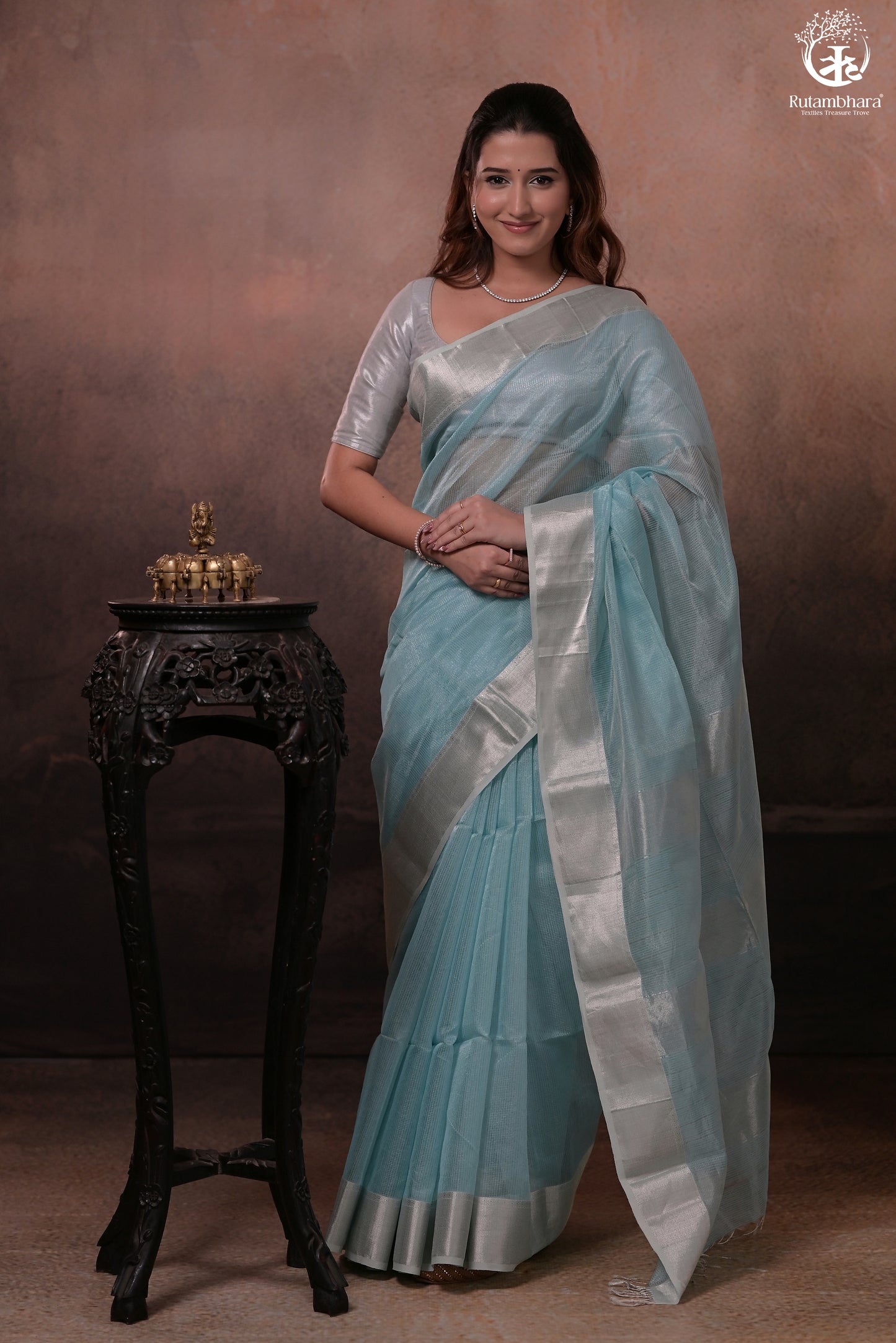 Narmaa - Silver Tissue Checks Pastel Blue With Silver Lehar Border Saree