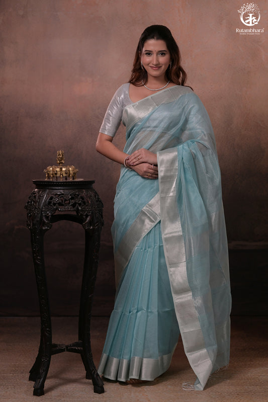 Narmaa - Silver Tissue Checks Pastel Blue With Silver Lehar Border Saree