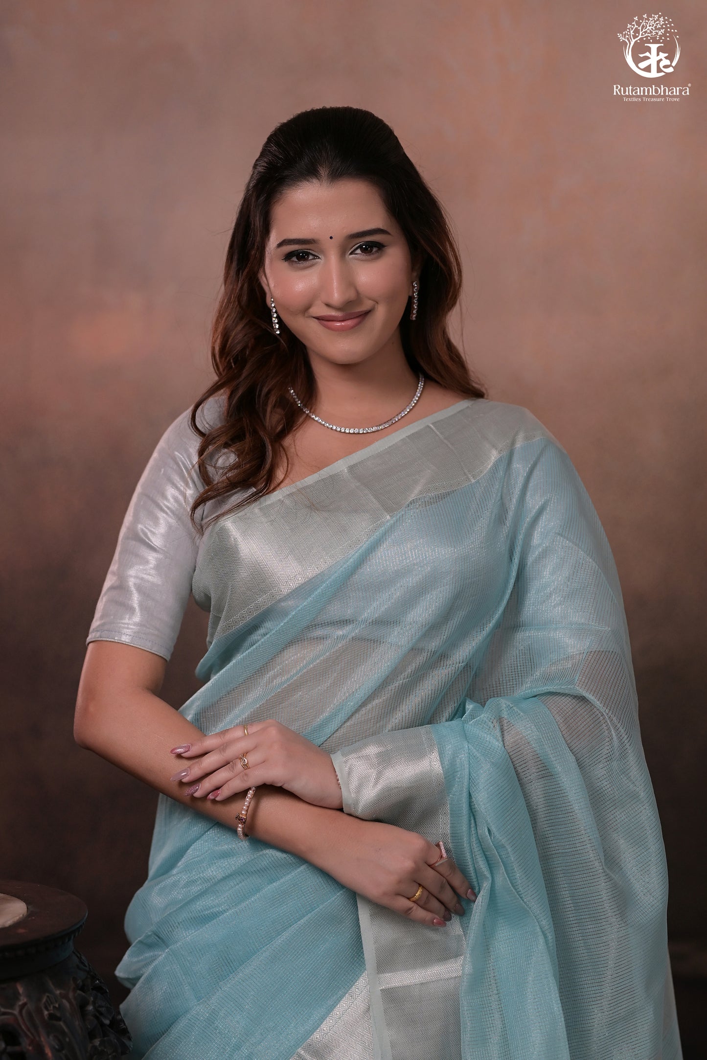 Narmaa - Silver Tissue Checks Pastel Blue With Silver Lehar Border Saree