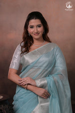 Narmaa - Silver Tissue Checks Pastel Blue With Silver Lehar Border Saree-Rutambhara-RUTAMBHARA