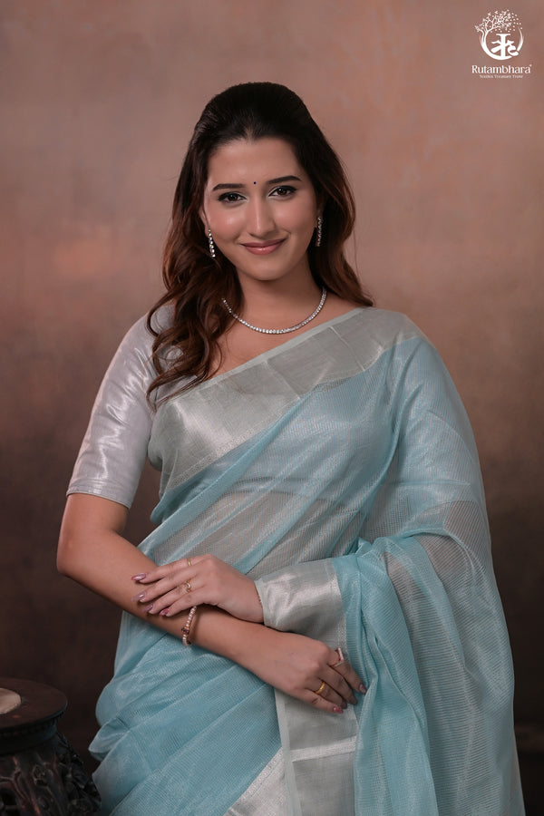 Narmaa - Silver Tissue Checks Pastel Blue With Silver Lehar Border Saree-Rutambhara-RUTAMBHARA
