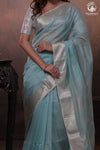 Narmaa - Silver Tissue Checks Pastel Blue With Silver Lehar Border Saree
