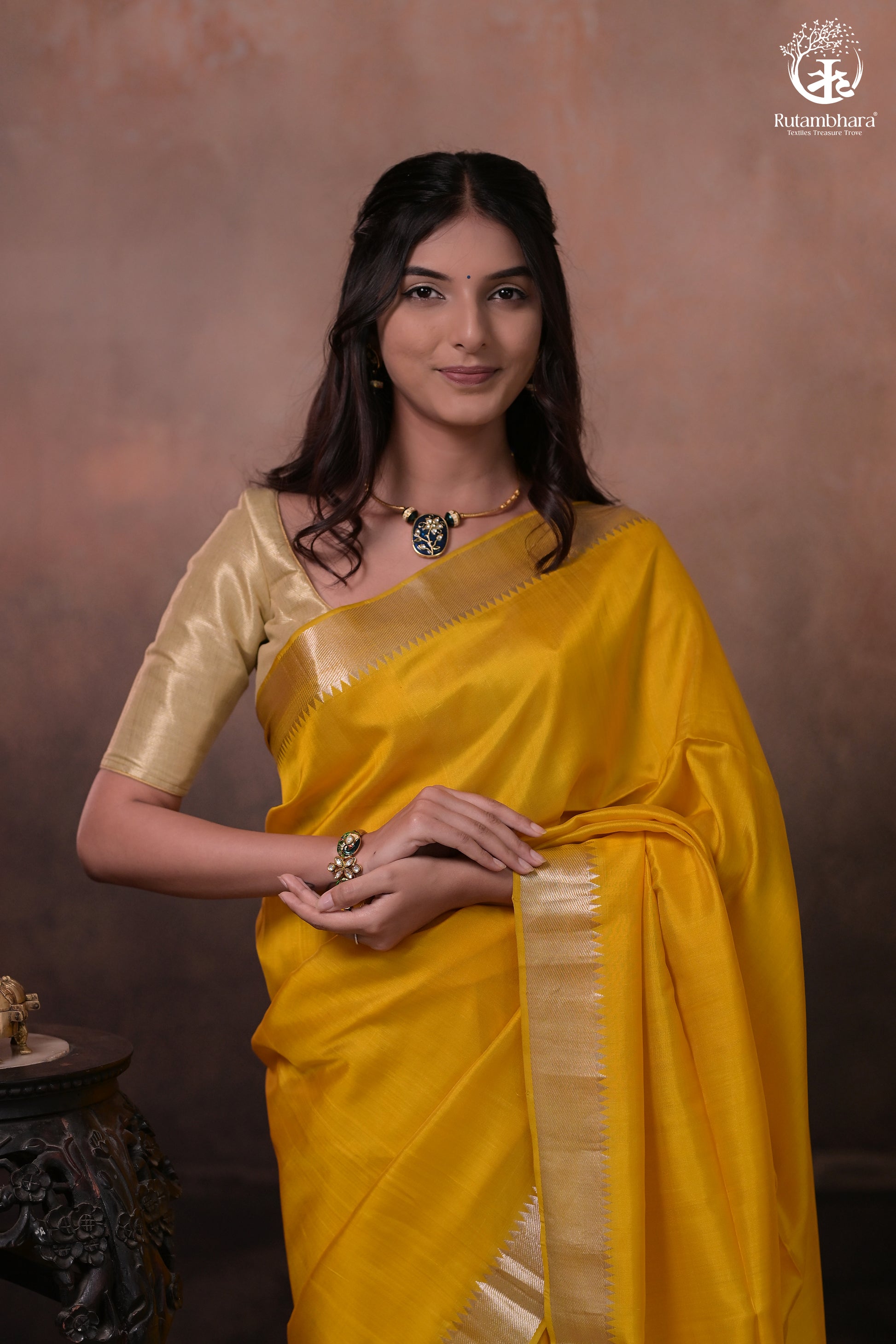 Bhadra - Turmeric Yellow Plain Handwoven Silk Saree With Silver Zari Border-Rutambhara-RUTAMBHARA