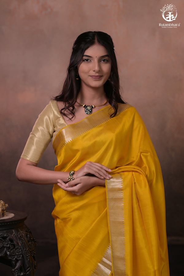 Bhadra - Turmeric Yellow Plain Handwoven Silk Saree With Silver Zari Border-Rutambhara-RUTAMBHARA