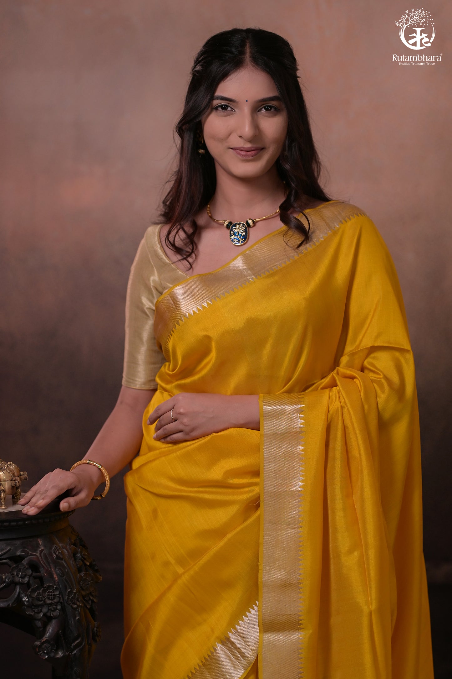 Bhadra - Turmeric Yellow Plain Handwoven Silk Saree With Silver Zari Border