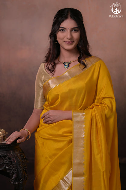 Bhadra - Turmeric Yellow Plain Handwoven Silk Saree With Silver Zari Border-Rutambhara-RUTAMBHARA