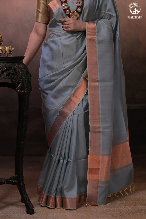 Bhadra - Powder Blue Plain Handwoven Silk Saree With Copper Zari Border-Rutambhara-RUTAMBHARA
