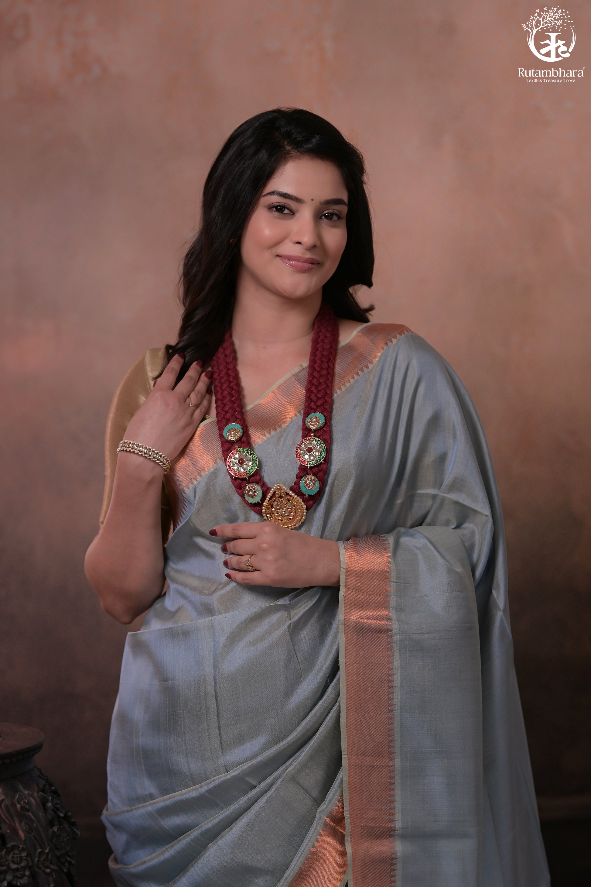 Bhadra - Powder Blue Plain Handwoven Silk Saree With Copper Zari Border-Rutambhara-RUTAMBHARA