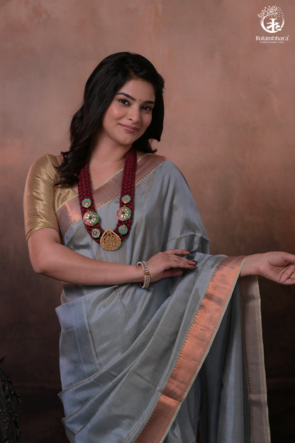 Bhadra - Powder Blue Plain Handwoven Silk Saree With Copper Zari Border-Rutambhara-RUTAMBHARA