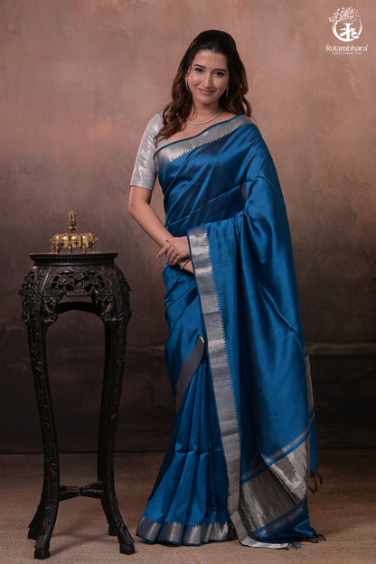 Bhadra - Indigo Blue Plain Handwoven Silk Saree With Silver Zari Border-Rutambhara-RUTAMBHARA