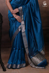 Bhadra - Indigo Blue Plain Handwoven Silk Saree With Silver Zari Border