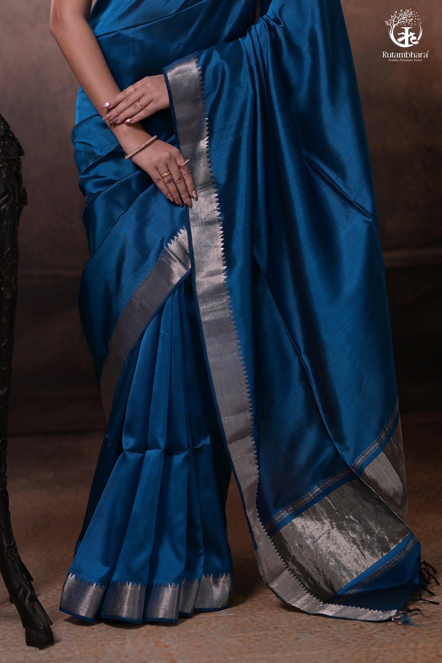Bhadra - Indigo Blue Plain Handwoven Silk Saree With Silver Zari Border