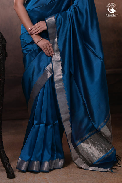 Bhadra - Indigo Blue Plain Handwoven Silk Saree With Silver Zari Border-Rutambhara-RUTAMBHARA