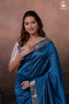 Bhadra - Indigo Blue Plain Handwoven Silk Saree With Silver Zari Border