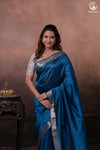 Bhadra - Indigo Blue Plain Handwoven Silk Saree With Silver Zari Border
