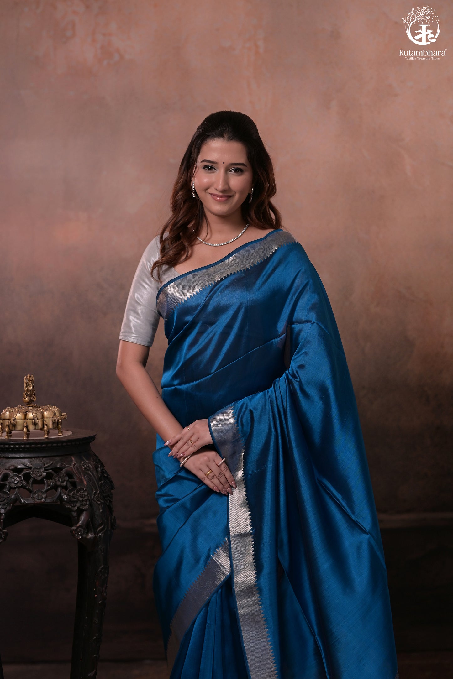 Bhadra - Indigo Blue Plain Handwoven Silk Saree With Silver Zari Border