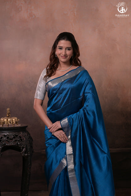 Bhadra - Indigo Blue Plain Handwoven Silk Saree With Silver Zari Border-Rutambhara-RUTAMBHARA