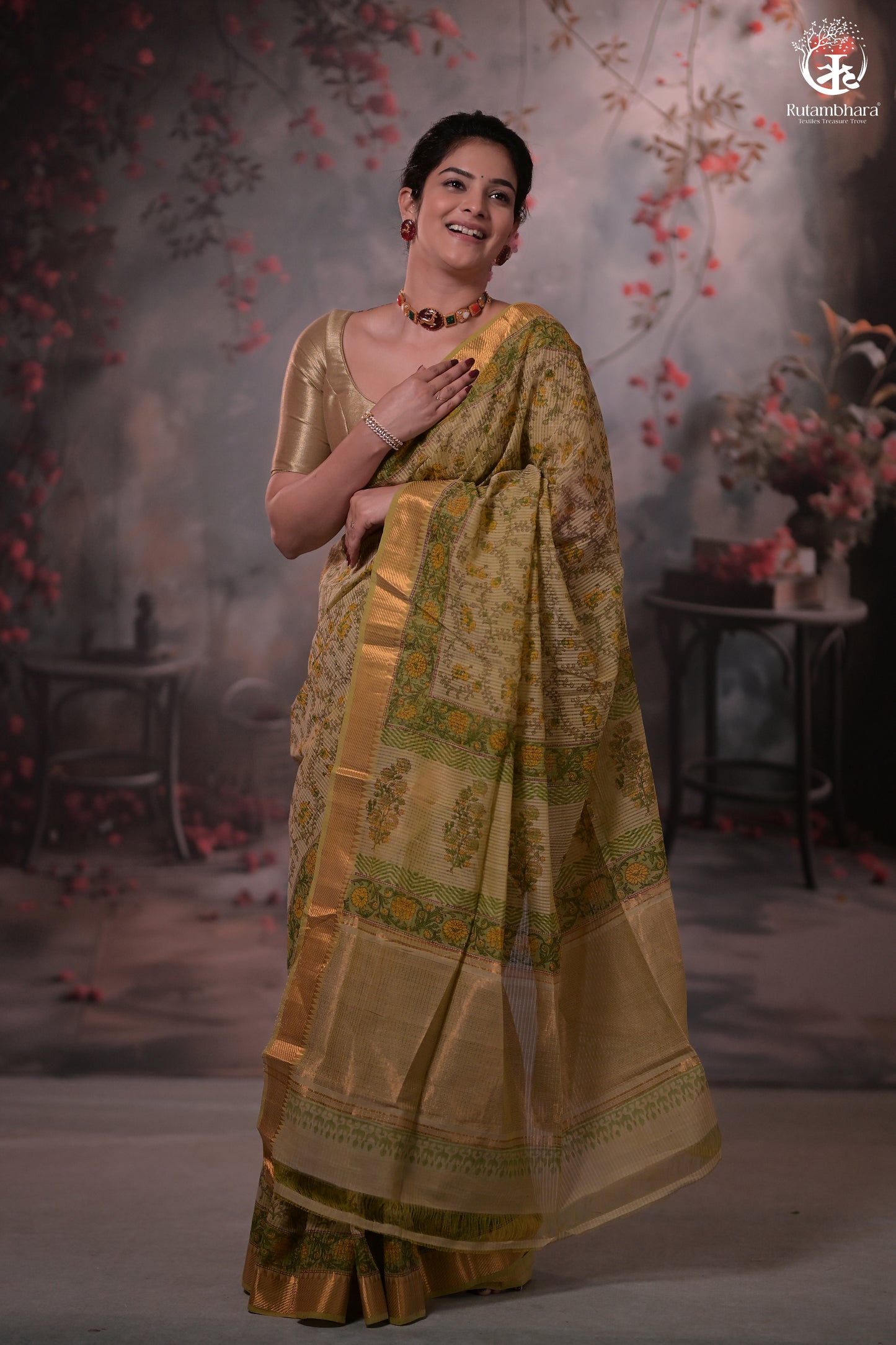 Siyahi - Light Green Handwoven Hand Block Printed Gold Zari Border Cotton Saree