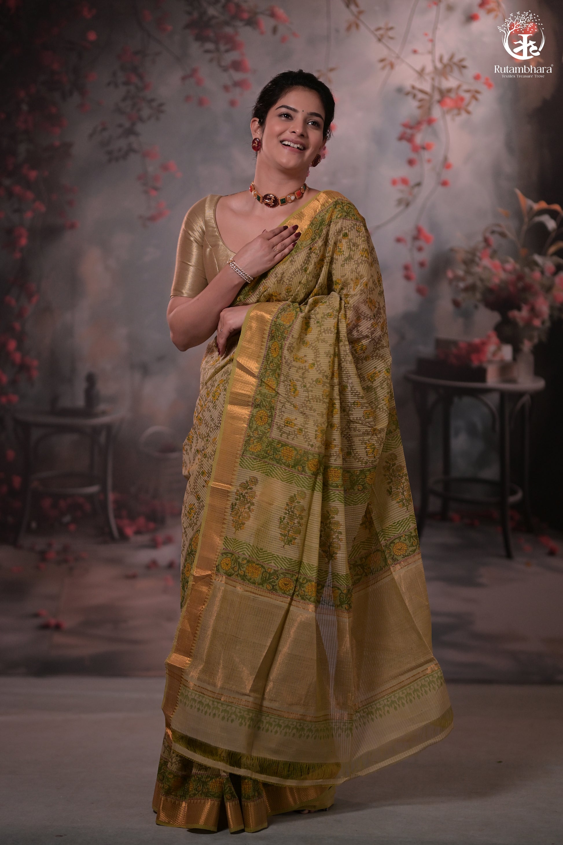 Siyahi - Light Green Handwoven Hand Block Printed Gold Zari Border Cotton Saree-Rutambhara-RUTAMBHARA
