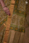 Siyahi - Light Green Handwoven Hand Block Printed Gold Zari Border Cotton Saree