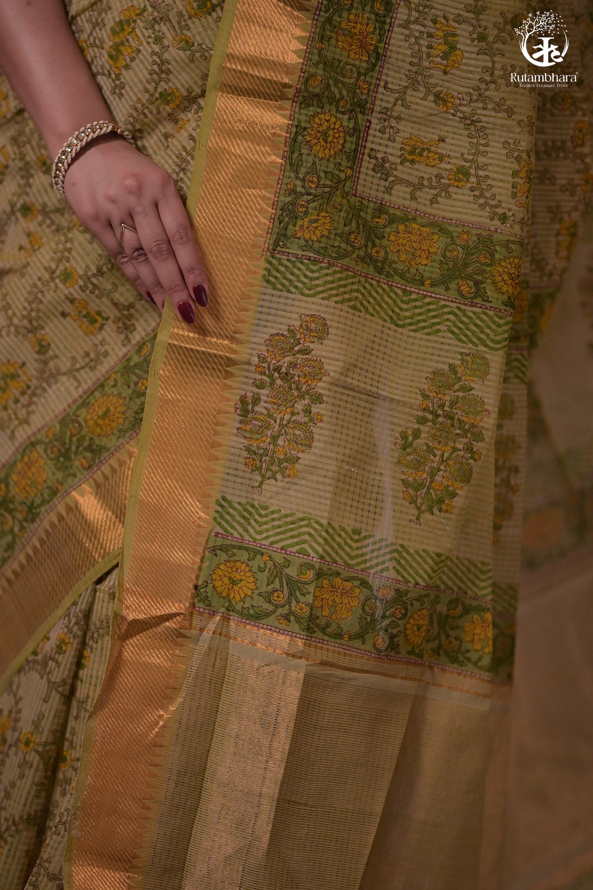 Siyahi - Light Green Handwoven Hand Block Printed Gold Zari Border Cotton Saree