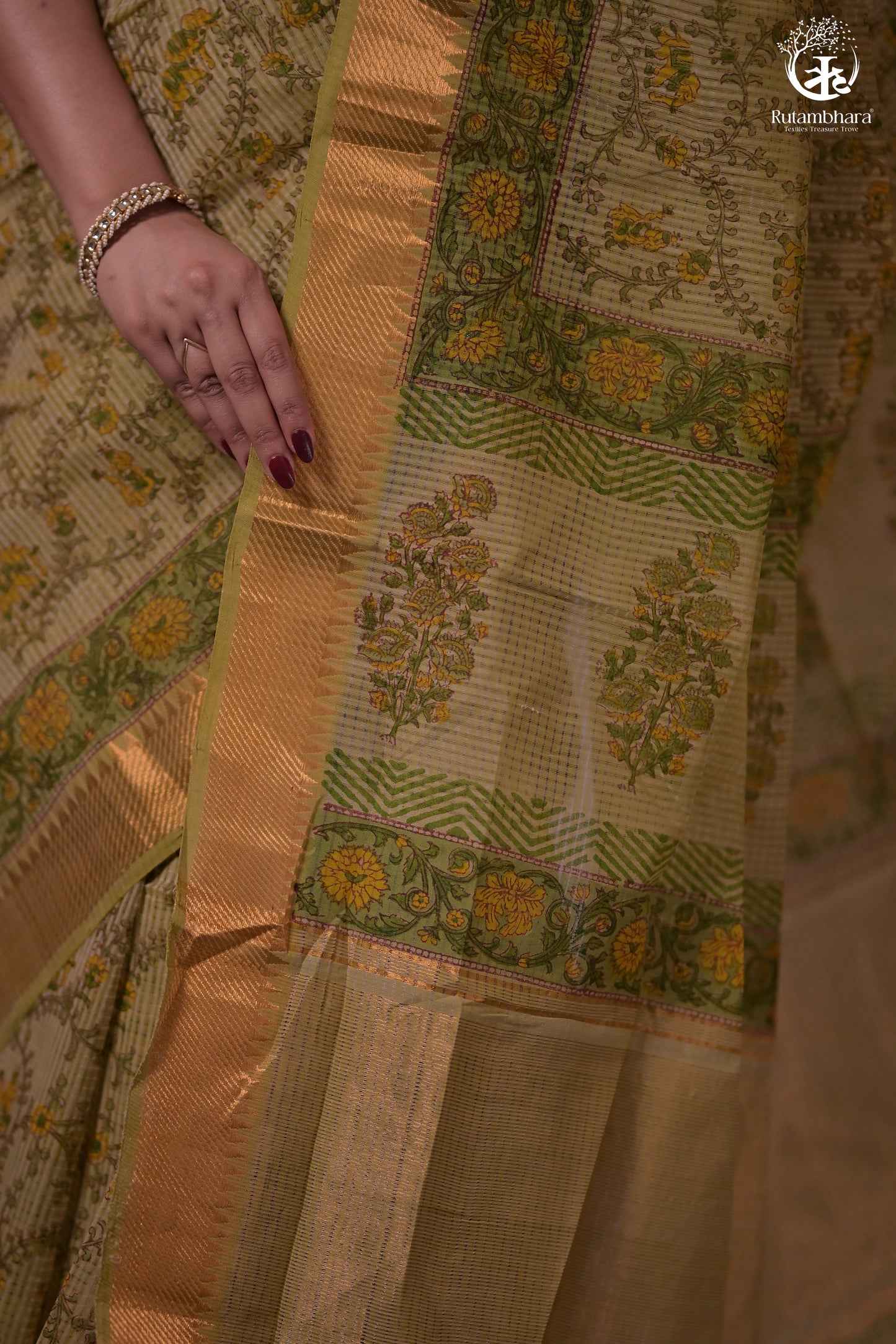 Siyahi - Light Green Handwoven Hand Block Printed Gold Zari Border Cotton Saree