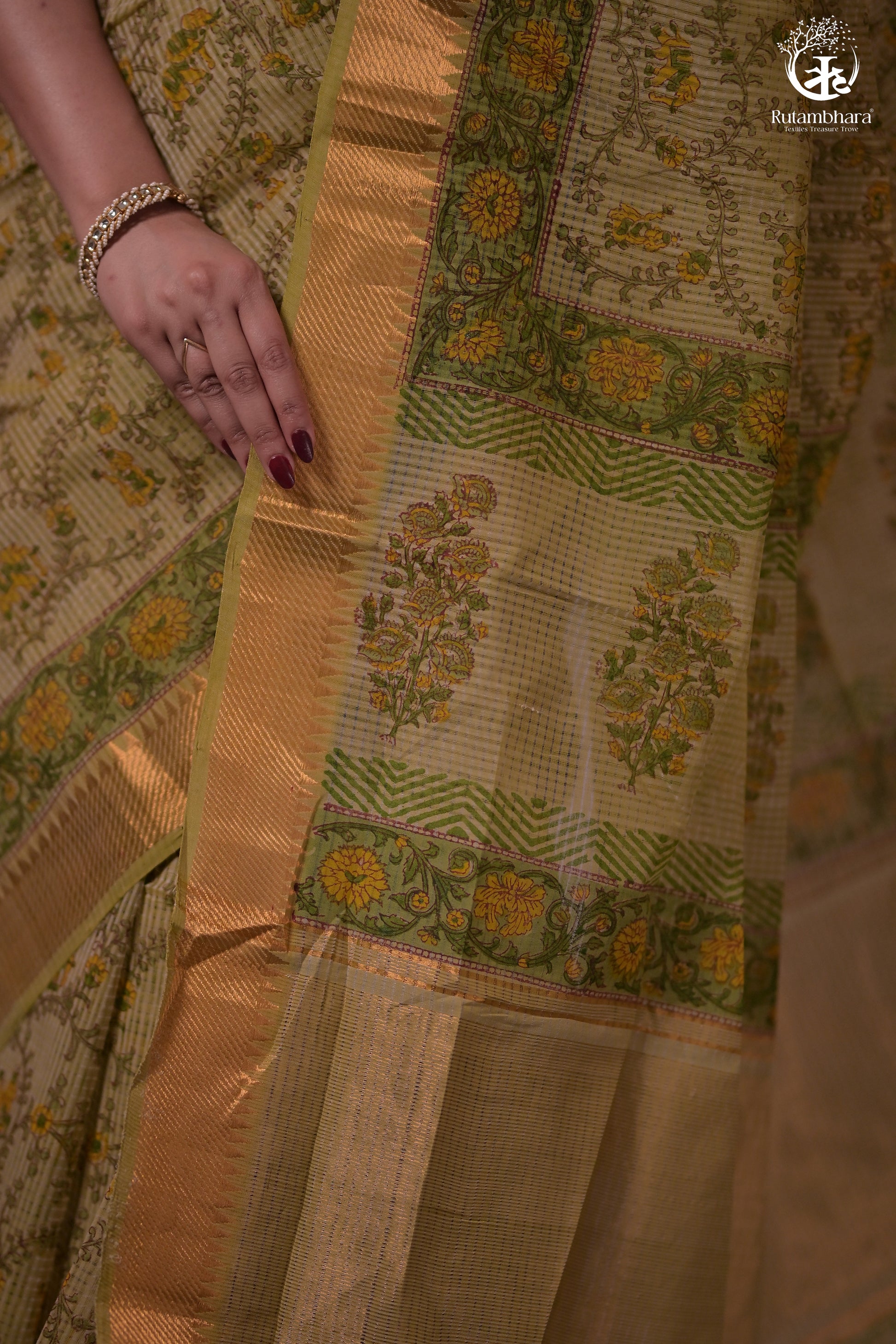Siyahi - Light Green Handwoven Hand Block Printed Gold Zari Border Cotton Saree-Rutambhara-RUTAMBHARA